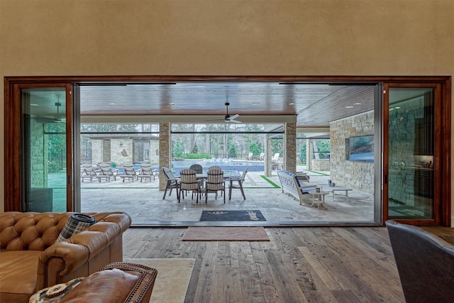 interior space featuring ceiling fan