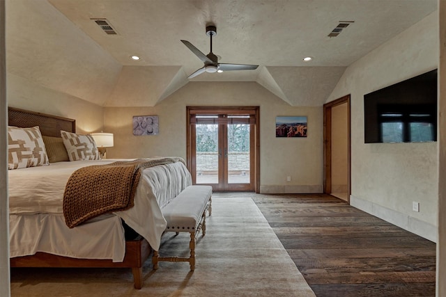 bedroom featuring ceiling fan, vaulted ceiling, wood-type flooring, access to outside, and french doors