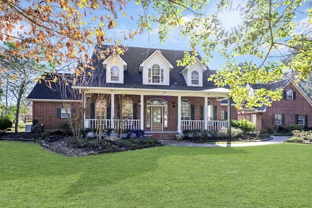 cape cod home with covered porch and a front lawn