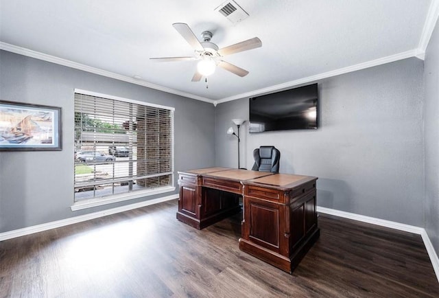 office area with dark hardwood / wood-style flooring, crown molding, and ceiling fan