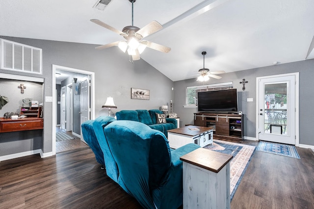 living room with ceiling fan, lofted ceiling, and dark hardwood / wood-style floors