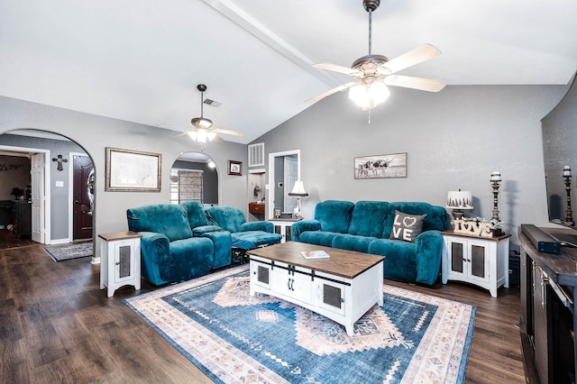 living room with lofted ceiling, dark wood-type flooring, and ceiling fan