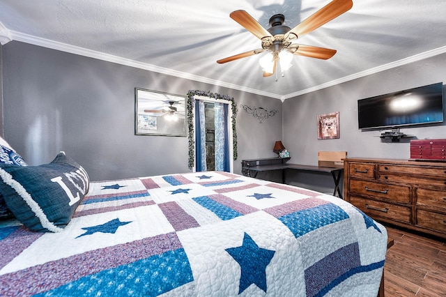 bedroom with hardwood / wood-style flooring, ceiling fan, ornamental molding, and a textured ceiling