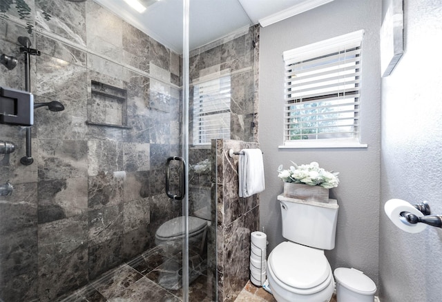 bathroom featuring walk in shower, toilet, and crown molding