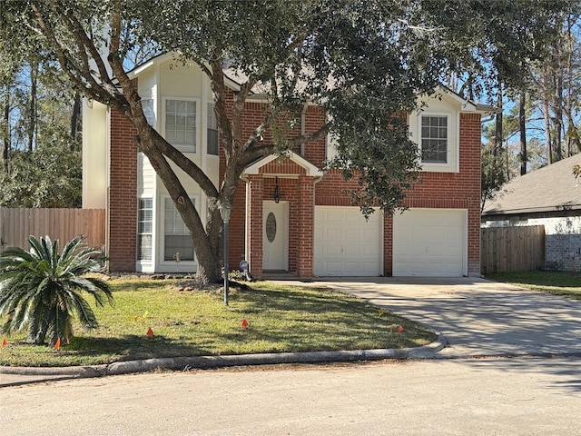 view of front of house featuring a garage, concrete driveway, brick siding, and fence