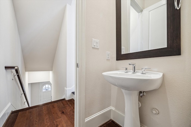 bathroom with wood-type flooring