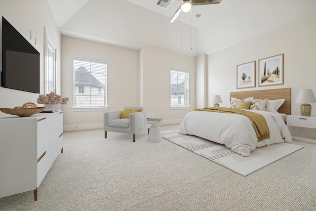 carpeted bedroom featuring lofted ceiling and ceiling fan