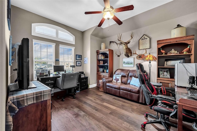 office space with wood-type flooring and ceiling fan