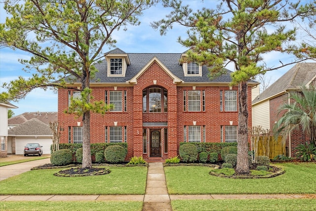 view of front of property featuring a front yard, brick siding, and roof with shingles