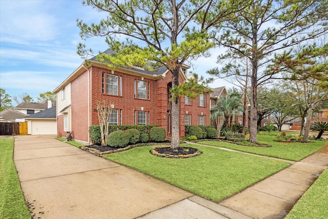 view of front facade featuring a front yard, brick siding, and fence