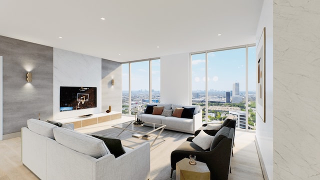 living room featuring light hardwood / wood-style flooring and expansive windows