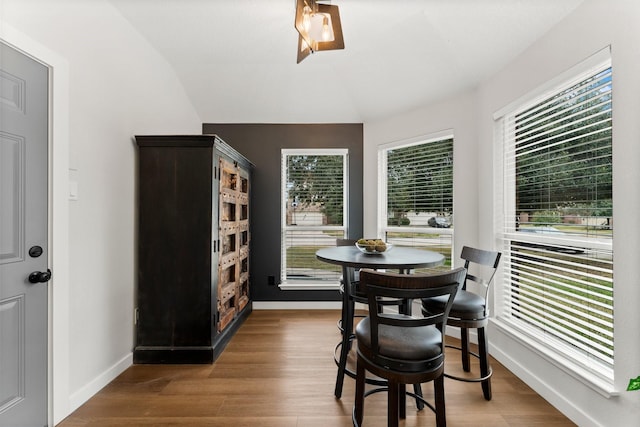 dining space featuring lofted ceiling and wood-type flooring