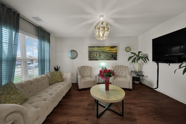 living room with dark hardwood / wood-style floors