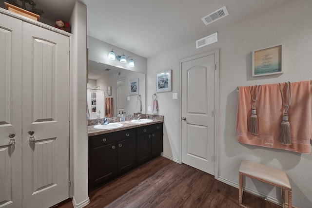 bathroom with wood-type flooring and vanity