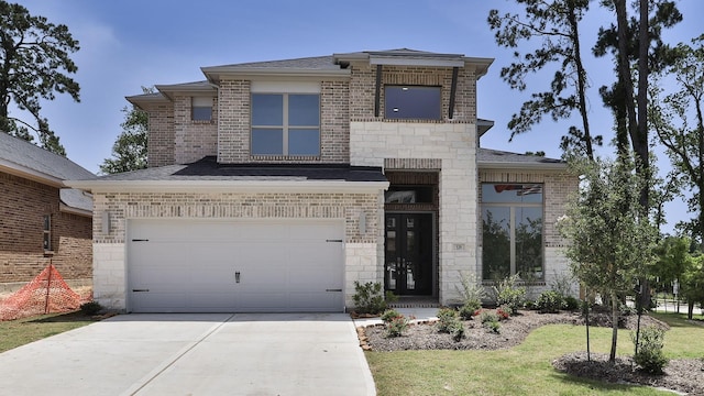 539 Oakview Bend Dr, Montgomery, TX 77316 - view of front of property featuring driveway, an attached garage, stone siding, brick siding, and roof with shingles