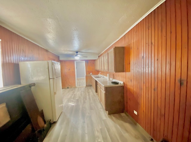 kitchen featuring sink, a textured ceiling, light hardwood / wood-style flooring, ornamental molding, and white fridge