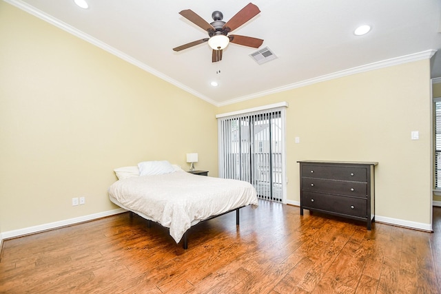 bedroom with ceiling fan, ornamental molding, access to exterior, and hardwood / wood-style floors