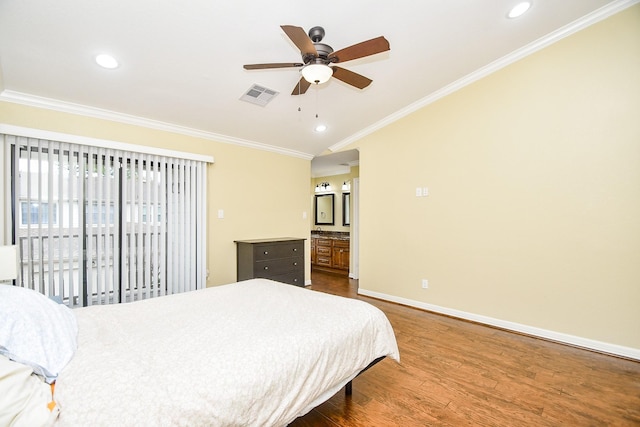 bedroom featuring lofted ceiling, connected bathroom, ornamental molding, dark hardwood / wood-style flooring, and access to outside