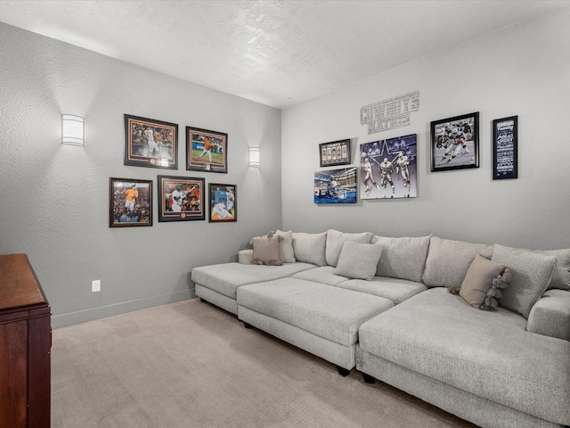 living room with light carpet and a textured ceiling