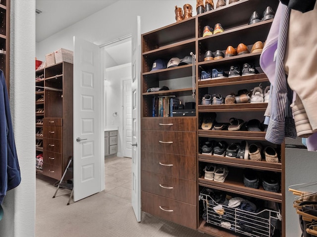 spacious closet featuring light carpet