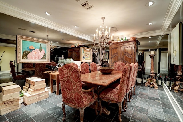 dining area with ornamental molding and a chandelier