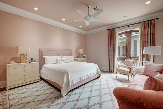 bedroom featuring crown molding, ceiling fan, and access to outside