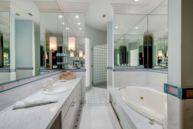 bathroom featuring vanity, tile patterned flooring, ornamental molding, and separate shower and tub