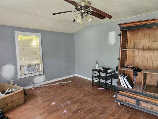 miscellaneous room featuring lofted ceiling, cooling unit, dark hardwood / wood-style floors, and ceiling fan