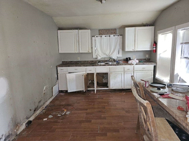 kitchen with vaulted ceiling, sink, white cabinets, and dark hardwood / wood-style floors