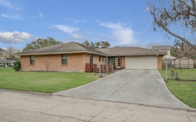 ranch-style home with a garage and a front lawn