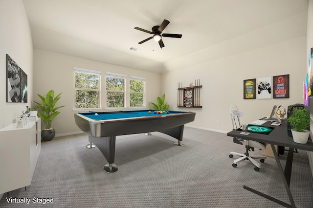 rec room featuring ceiling fan, pool table, and carpet floors