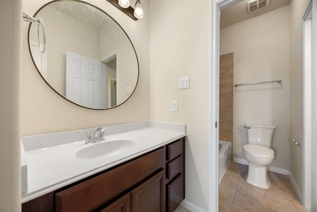 full bathroom featuring shower / tub combination, vanity, tile patterned floors, and toilet