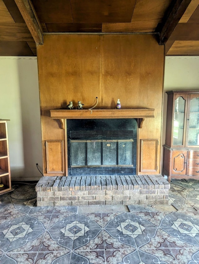 1946 County Road 109, Devers, TX 77538 - interior details featuring beam ceiling, wooden ceiling, and a fireplace