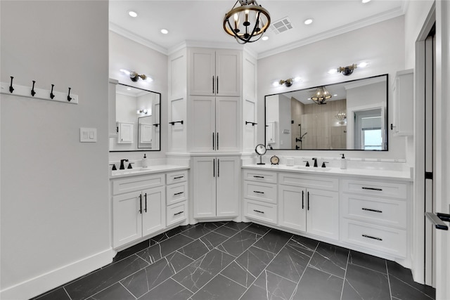 bathroom with ornamental molding, tiled shower, a notable chandelier, and vanity