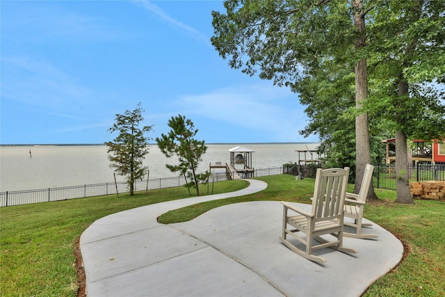 view of patio / terrace featuring a water view