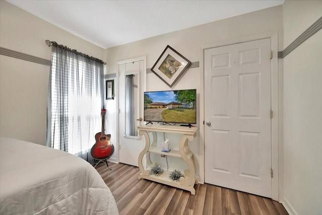 bedroom with multiple windows and hardwood / wood-style flooring