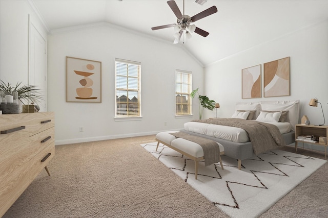 carpeted bedroom with crown molding, ceiling fan, and lofted ceiling