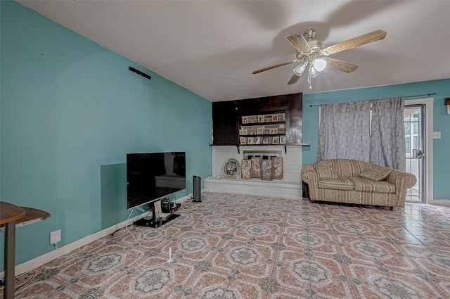 living room with vaulted ceiling and ceiling fan