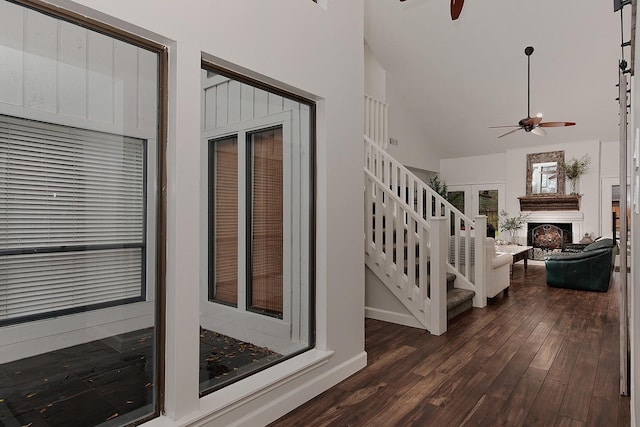 interior space with dark hardwood / wood-style floors and high vaulted ceiling