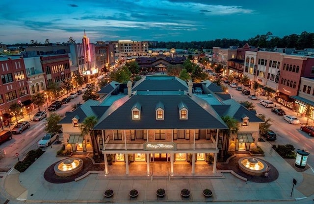 view of aerial view at dusk