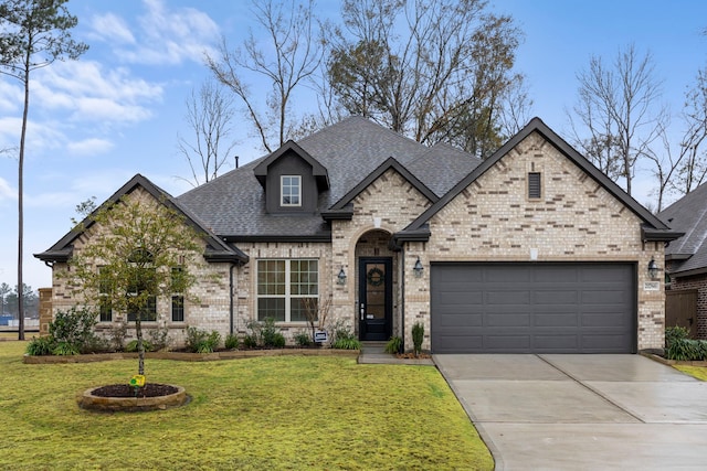 view of front of property with a garage and a front lawn