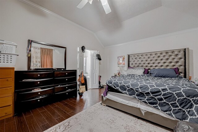 bedroom featuring vaulted ceiling, ornamental molding, and ceiling fan