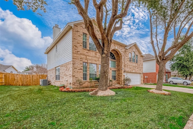 front facade with a garage, central AC unit, and a front yard