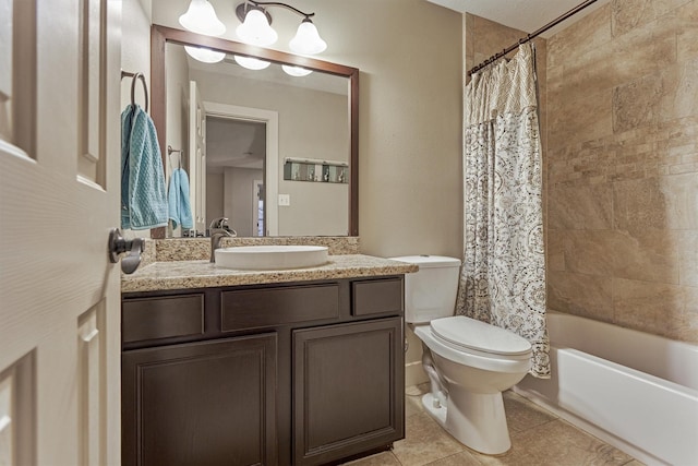 full bathroom with vanity, tile patterned floors, toilet, and shower / tub combo with curtain