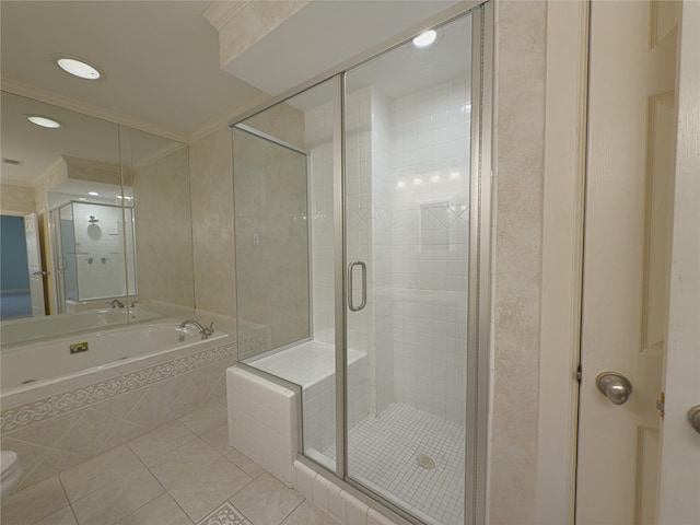 bathroom featuring tile patterned flooring, ornamental molding, and plus walk in shower