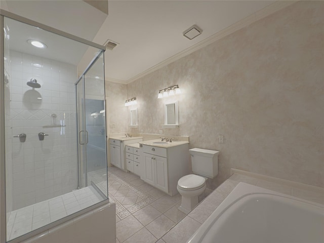 full bathroom featuring toilet, crown molding, shower with separate bathtub, vanity, and tile patterned flooring