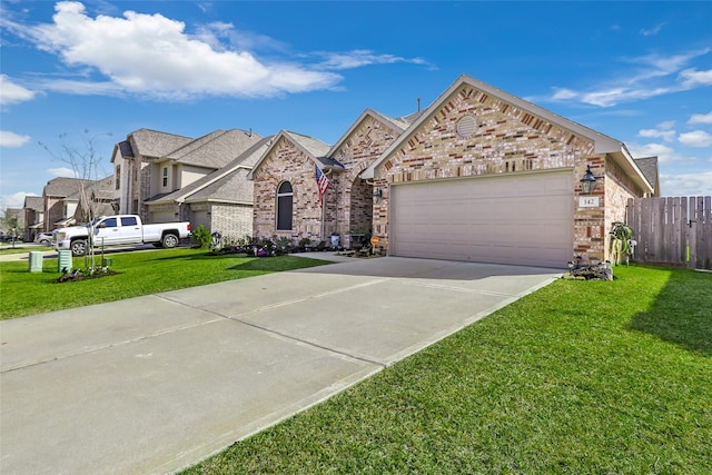 view of front of home with a garage and a front lawn