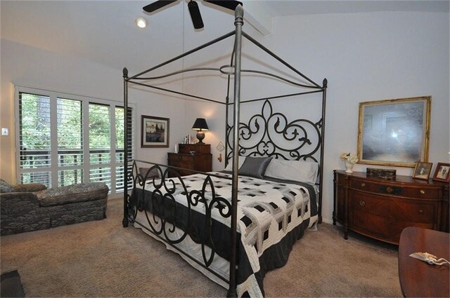 bedroom with ceiling fan, high vaulted ceiling, and carpet floors