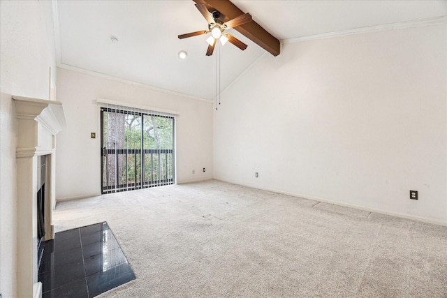 unfurnished living room featuring a fireplace with flush hearth, beamed ceiling, carpet flooring, and crown molding