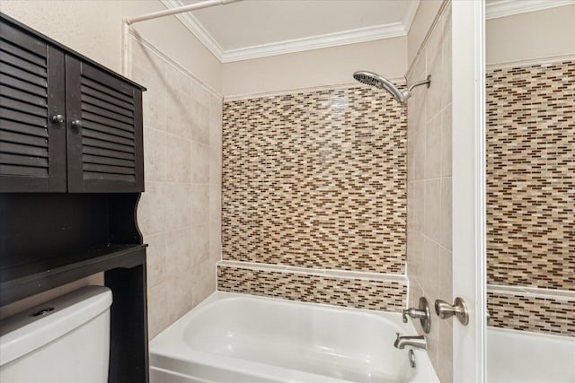 bathroom with shower / bathtub combination, toilet, and crown molding